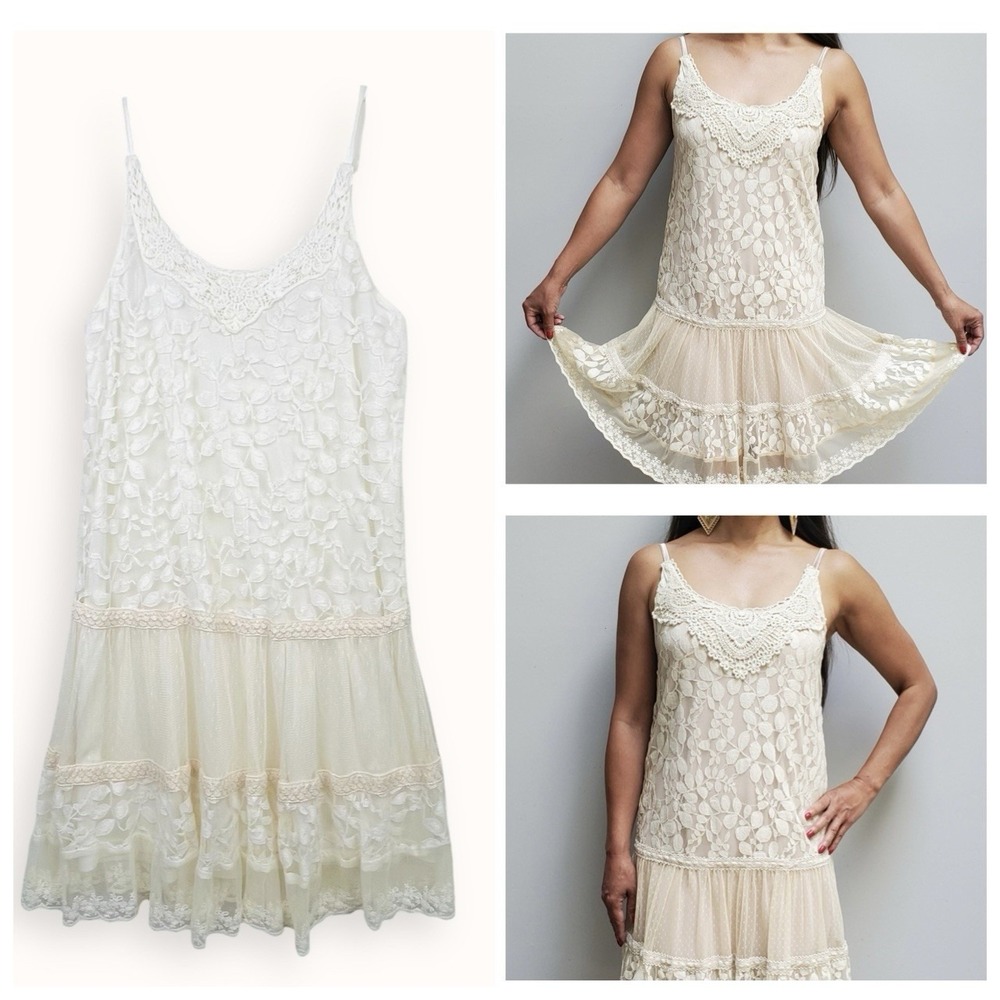 Anthropologie Slip Dress Medium Lace Leaf Chiffon Sheer Ivory Off‎ White Layer
